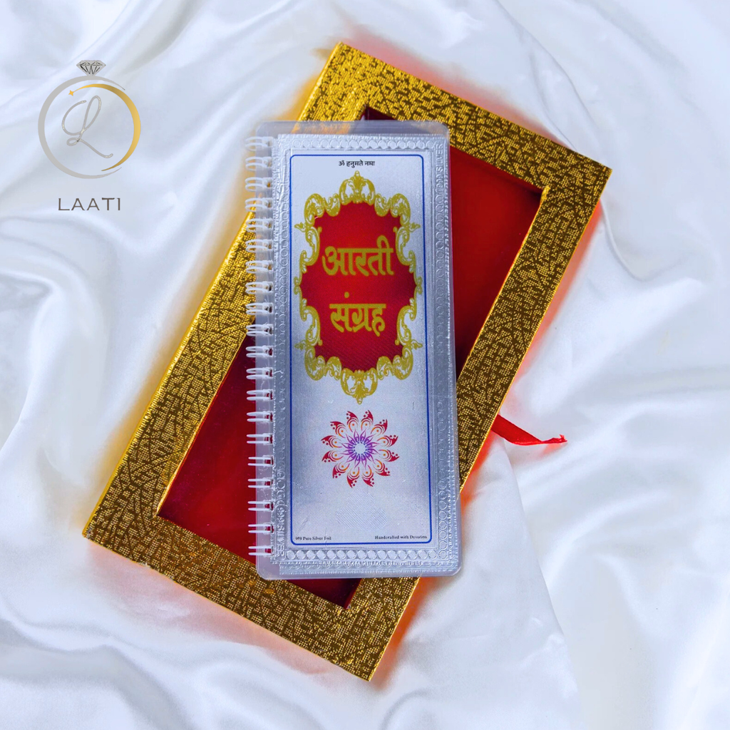 Aarti Sangrah Book – Pure Silver Pages | 9 Devi Devata Aarti Collection | Premium Velvet Gift Box | Laati