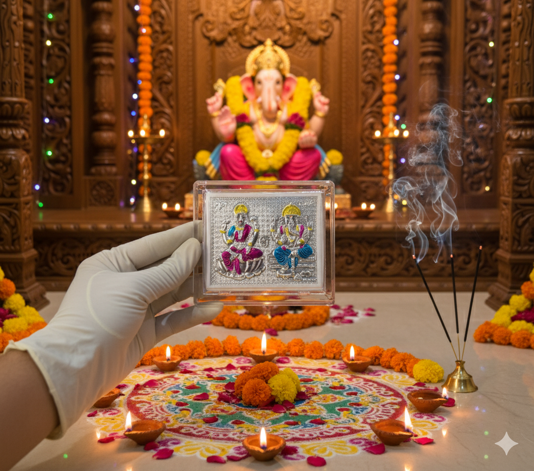 999 Silver Lakshmi Ganesh Frame – Encased in Crystal