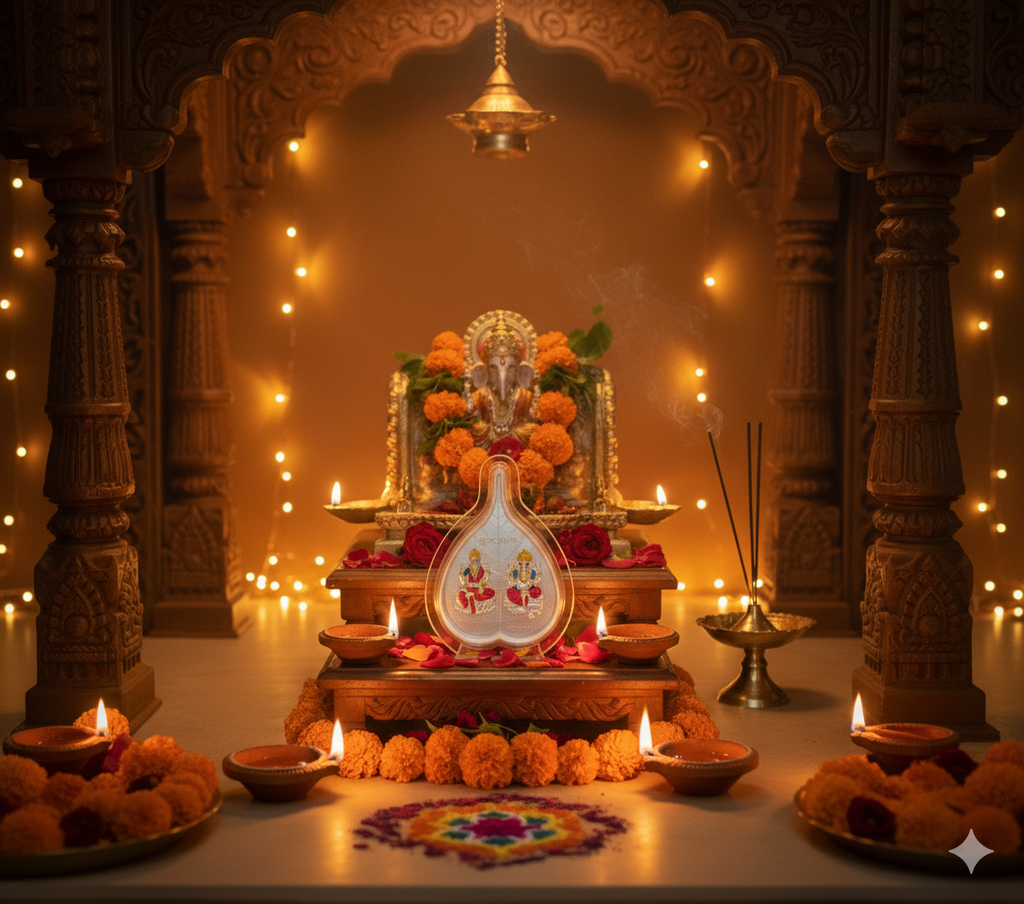 Shubh Labh – 999 Silver Lakshmi Ganesh Frame (Pan Leaf Design)