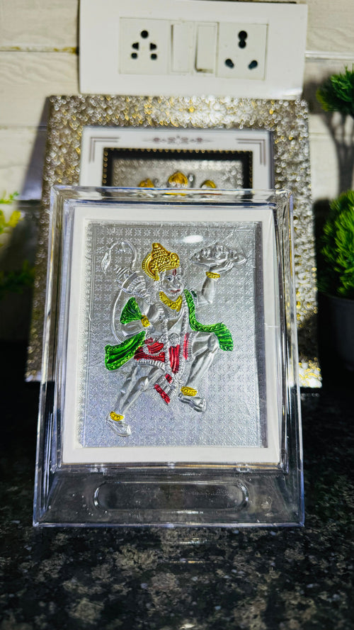 999 Silver Hanuman Ji Flying with Sanjeevani Mountain – Encased in Crystal