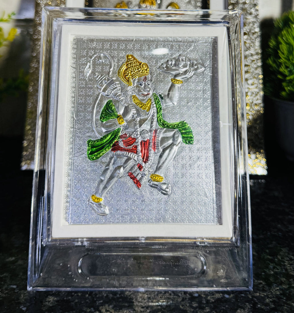 999 Silver Hanuman Ji Flying with Sanjeevani Mountain – Encased in Crystal